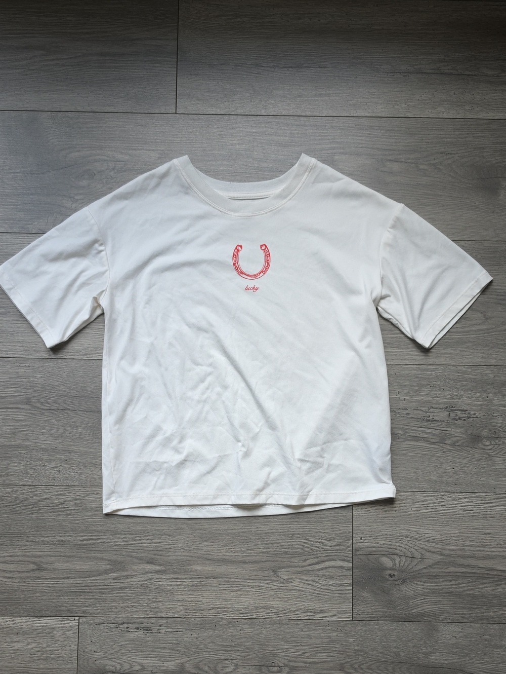 3/$6 art class White Kids Short Sleeve Tee with Red Lucky Horseshoe Graphic
